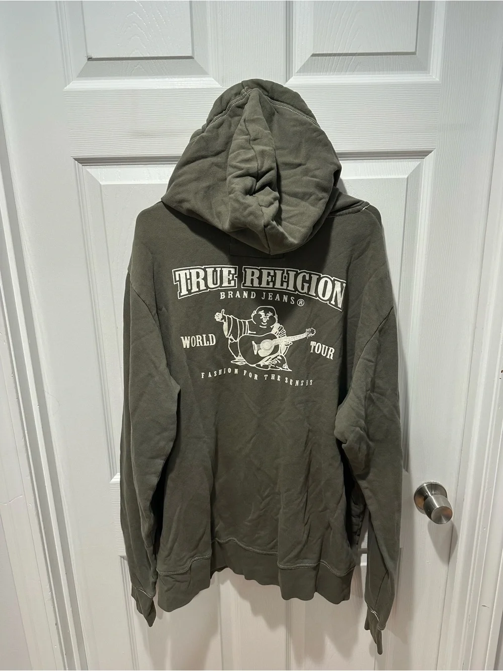 True Religion Olive Zip Hoodie with White Logo Accent